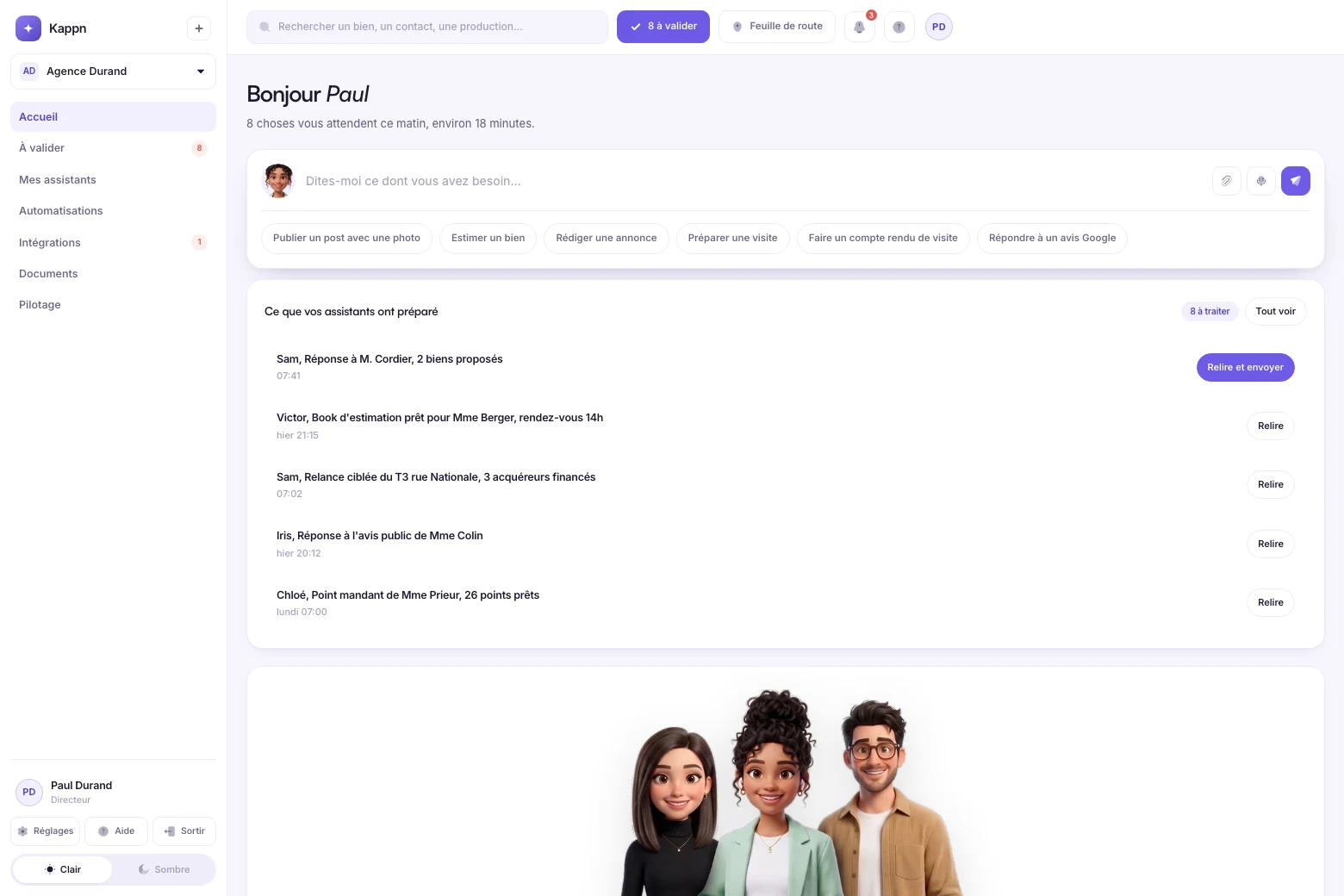 Le dashboard Kappn : l'accueil et la file de validation